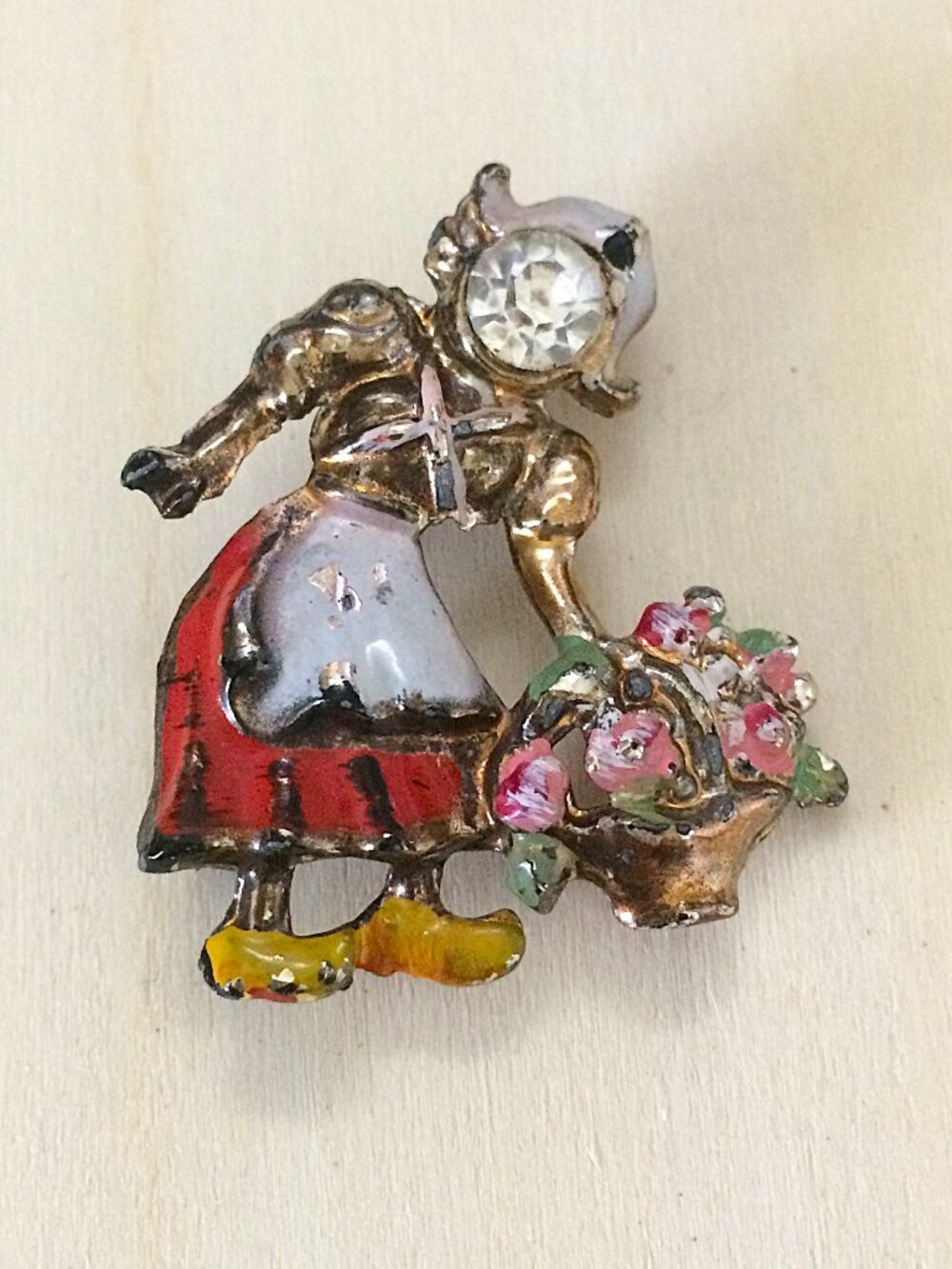Mid-Century Coro Style Dutch Girl Brooch w patina 1.5"